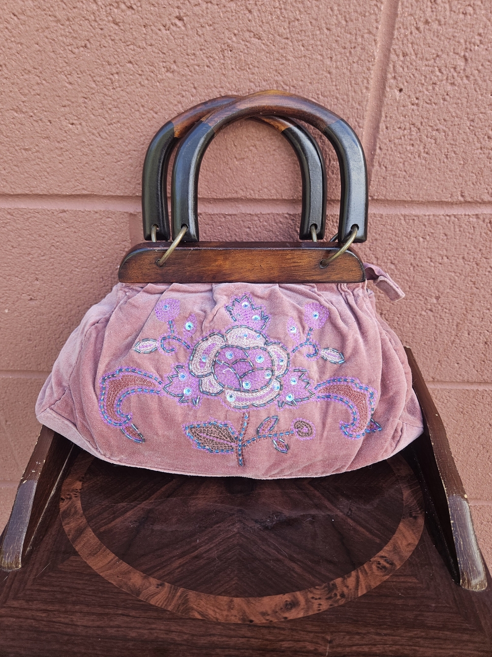 Embroidered Pink Velvet Handbag with Wooden Handles